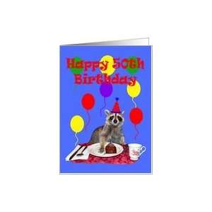  50th Birthday, Raccoon with cake and balloons Card Toys 