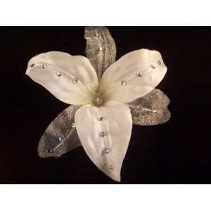 NEW Sheer White Lily with Swarovski Crystals Flower Hair Clip, Limited 