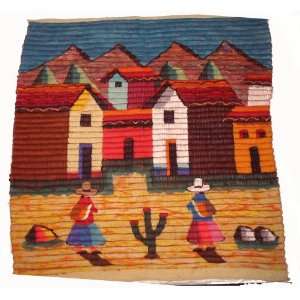 Peruvian highlands town landscape with Shepherd Women motif Hand made 