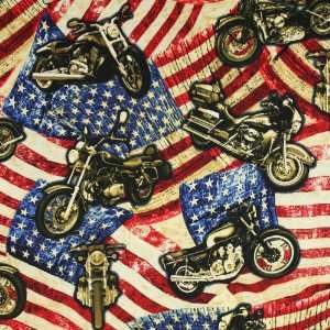 Timeless Treasures Patriotic Flags & Harley Davidson Motorcycles Red 