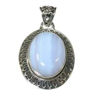  Blue Lace Agate and Sterling Silver Oval Pendant