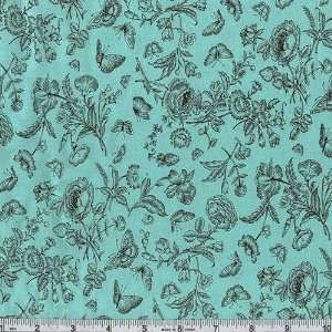  45 Wide Michael Miller Floral Toile Turqoise Fabric By 