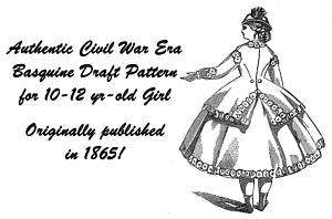 Pattern Civil War Antebellum Girls Dress Draft 1865  