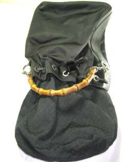   GUCCI Black Leather & Nylon Bamboo Handle Drawstring Bucket Bag  