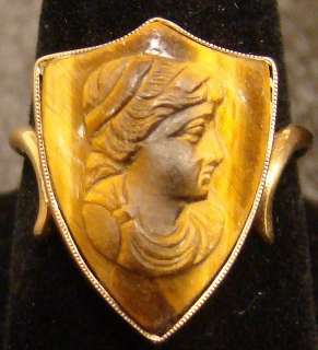 Antique 14K Gold Tiger Eye Shield Cameo Ring Classical Woman Profile 