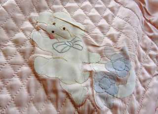 ADORABLY PLAYFUL PINK SILK SATIN BABY QUILT W/APPLIQUE THROW CARRIAGE 