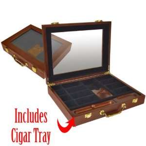   Wood Poker Chip Case With Cigar Tray 240 Capacity