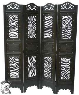   Vintage Style Folding Zebra Print Screen 4 Panel Wood Room Divider