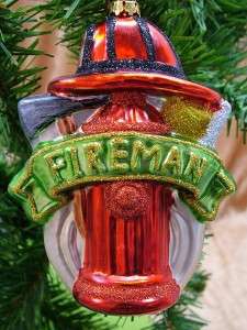 New Glass Fireman Hydrant Hat Axe Fire Hose Ornament  