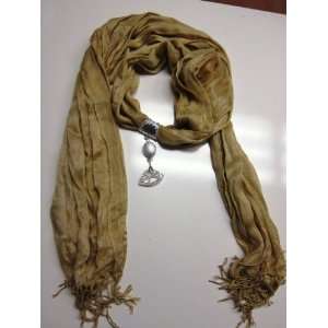  Tan Fashion Scarf with Bejeweled Pendant 