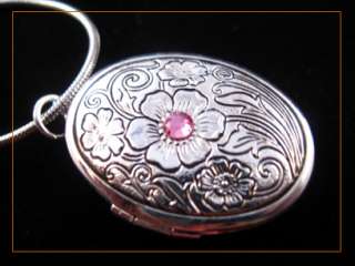 Elegant Pink Crystal Flower Silver Oval Picture Locket Charm Pendant 
