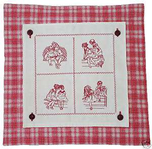 Redwork vintage1880 French Linen Sheet on Duvet Pillow  