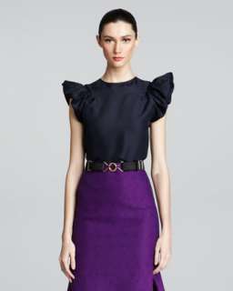 Printed Ruffle Cuff Blouse, Pleated Maxi Skirt & Thin Suede Belt