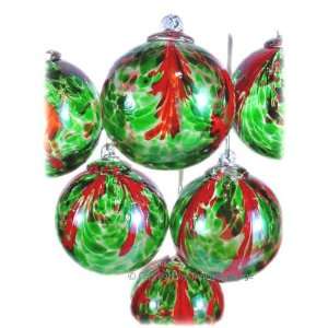  6 Fused Blown Green Red Art Glass Christmas Ornaments 