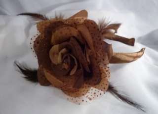   with a large Rose Flower, Tonal feathers, and Glitter accents