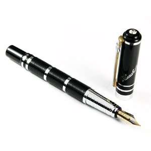 Executive Black & Silver Ring CAP Nib Medium Ink Point Fountain Pen 