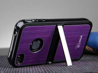 Purple Aluminum TPU Hard Case Cover W/Chrome Stand F iPhone 4 4G 4S 