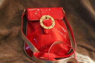 BIG BUDDHA Red Patent Leather Gold Buckle Cross Body Messenger Bag 