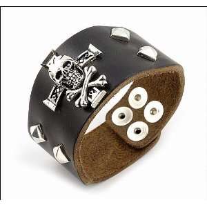  Black Leather Cuff Bracelet with Sterling Silver Skull 