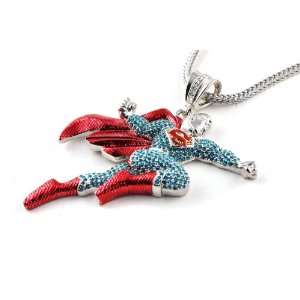 Rhinestone Pave Flying Superman Pendant w/Franco Chain Necklace Silver