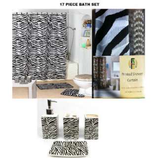 17 piece Bath Accessory Set Black zebra print shower curtain Bathroom 