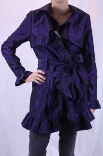   Ribkoff Dark Purple Ruffle Trim Taffeta Trench Belted Coat 39437