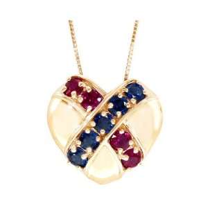  14K Yellow Gold Crossover Heart Pendant Multi Ruby Blue 