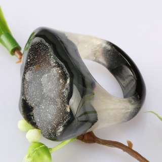 Druzy Geode Crystal Quartz Black Agate GEM Finger Ring  