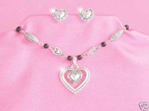 Silver & Black Beaded Heart Necklace Set  