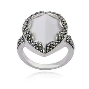  Sterling Silver Marcasite and White Agate Teardrop Ring 