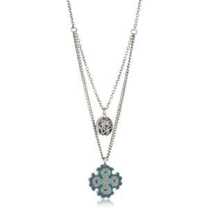   Lucky Brand Tapestry Silver Tone Blue Cross Enamel Double Necklace