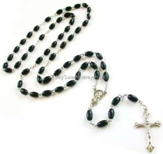 Black Wooden Rosary Beads Mens Necklace Cross 35 Long  