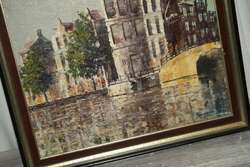 Vintage Oil Painting City Scene Amsterdam Church Tower Canal Houses 
