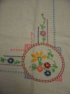 VTG HAND EMBROIDERED CROCHETED FLORAL TABLECLOTH 36X42  