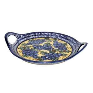  Polish Pottery Grapes Round Tray with Handles   Cobalt 
