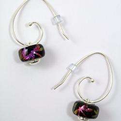 Silver Pink Dragonflies on Black Dichroic Glass Bead Earrings (Mexico)