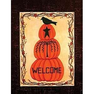  Welcome Primitive Pumpkin Black Crow Stack Mini Flag 