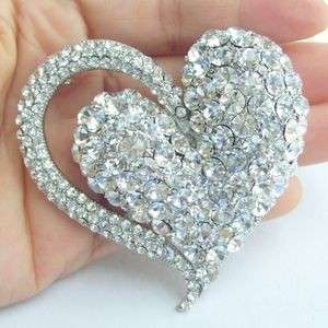 Charming Bridal Love Heart Brooch Pin w Clear Swarovski Crystals 