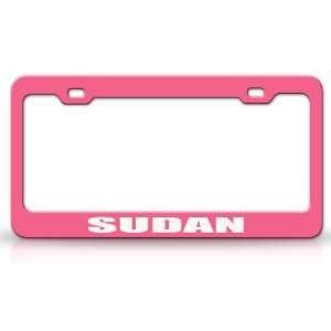 SUDAN Country Steel Auto License Plate Frame Tag Holder, Pink/White