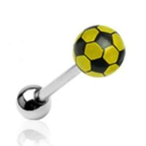  Tongue Ring Barbell Piercing with Yellow Soccer Ball 