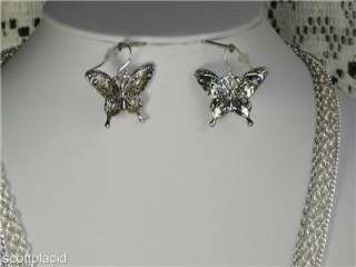 Chunky Layered Butterfly Pendant Silver Crystal Costume Statement 