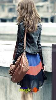 Women Trendy Vintage Motorcycle Faux Leather Jacket Trench Coat New 