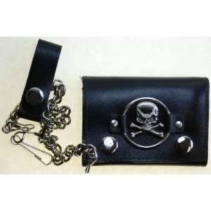  100% Leather Chain Wallet TriFold Black #1046 7