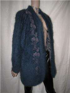 Vtg 80s steel Blue Lacey FURRY FLUFFY Soft 80% pure ANGORA Sweater 