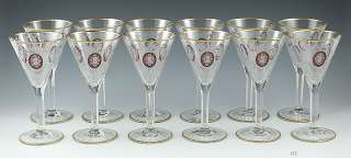 12 BOHEMIAN RUBY RED HAND CUT FLORAL WINE GLASSES  