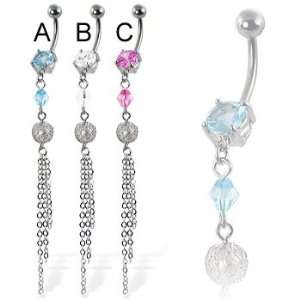 Belly button ring with stone, dangling gem and three chains 