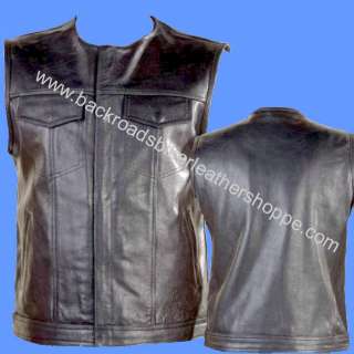 LEATHER MOTORCYCLE BIKER VEST OUTLAW CLUB STYLE GUN PKT NO COLLAR 1 