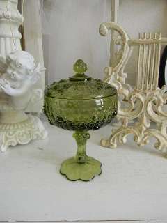   Fenton Colonial Green Covered Compote Candy Dish~Embossed ROSES  