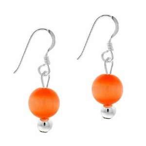   6mm Simulated Orange Cats Eye Stone Bead Beaded Dangle Hook Earrings