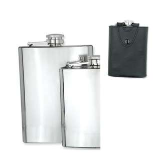 goldia Black Leather Case Polished Stainless Steel 8oz Hip Flask at 